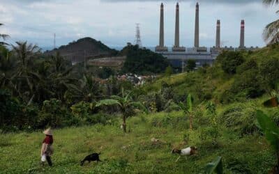 A woman leads her goats as Suralaya coal power plant looms in the background in Cilegon, Indonesia.