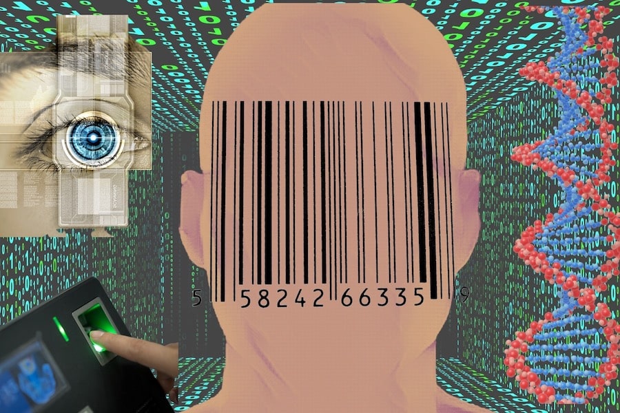 A bar code covers a faceless man as DNA and computer code swirl in the background.