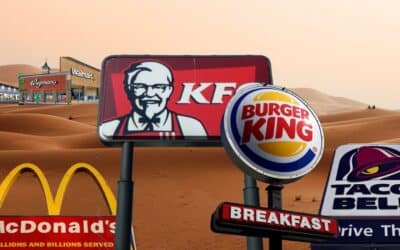 Fast food chains line a desert with supermarkets far off in the distance.