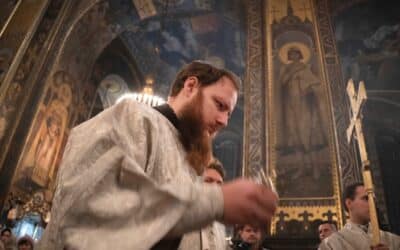 Clerics conduct a service in St.Volodymyr Cathedral on Orthodox Christmas eve in Kyiv.