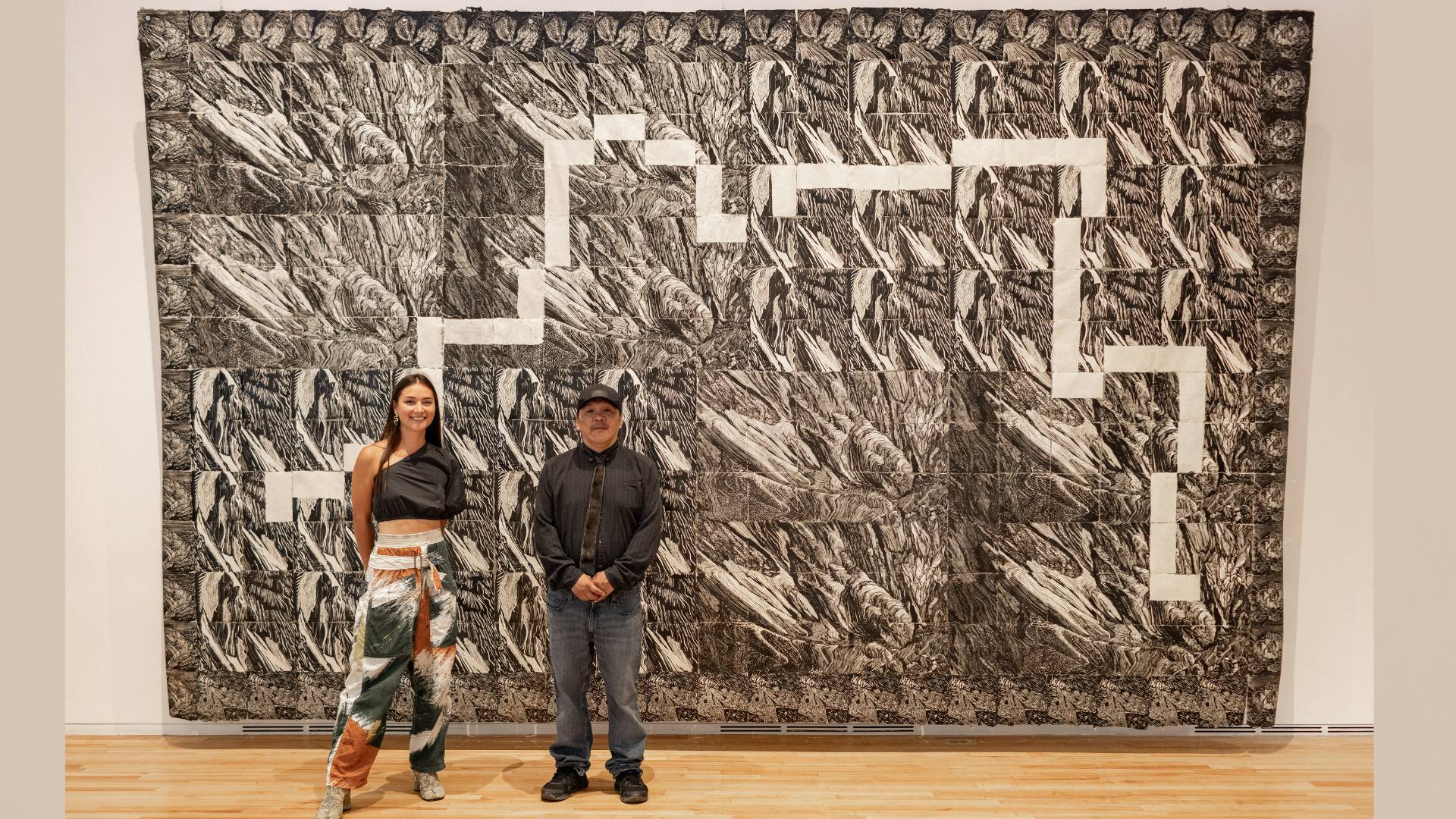Alexa Kumiko Hatanaka and Ashoona Ashoona with their collaborative art piece at the Fogo Island Arts gallery in 2023.