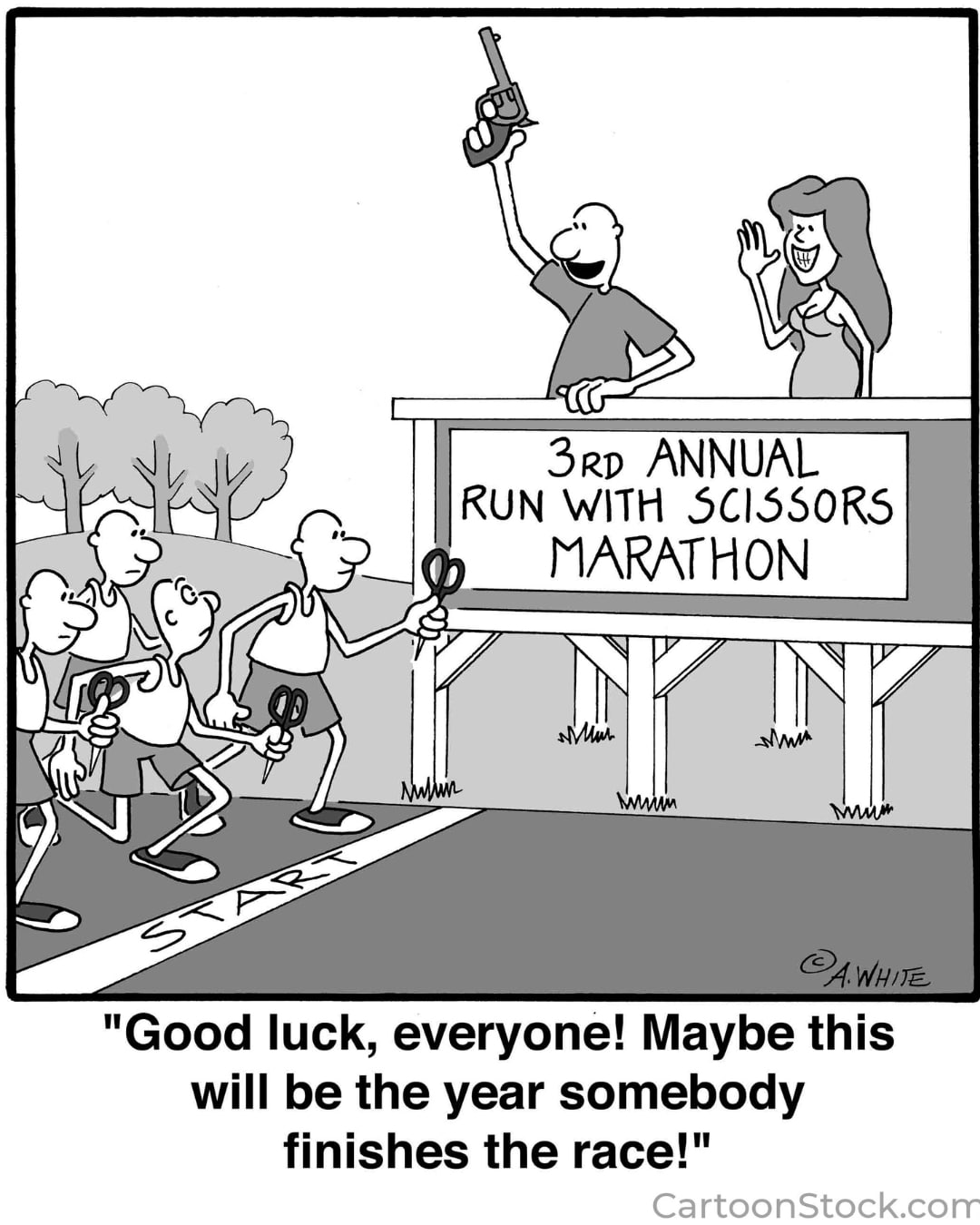 A cartoon depicts a running with scissors competiton