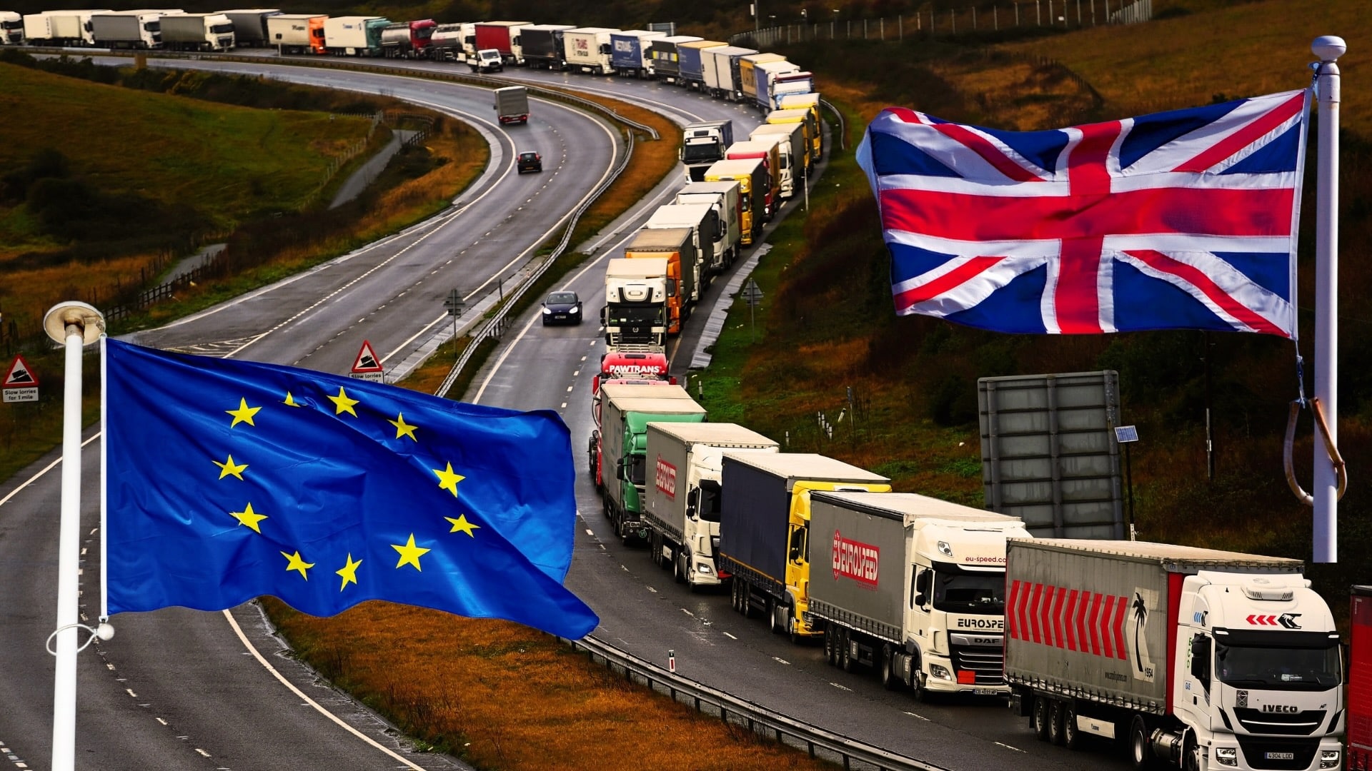 A line of trucks wait at Dover to cross the British Channel into Europe post-Brexit. 