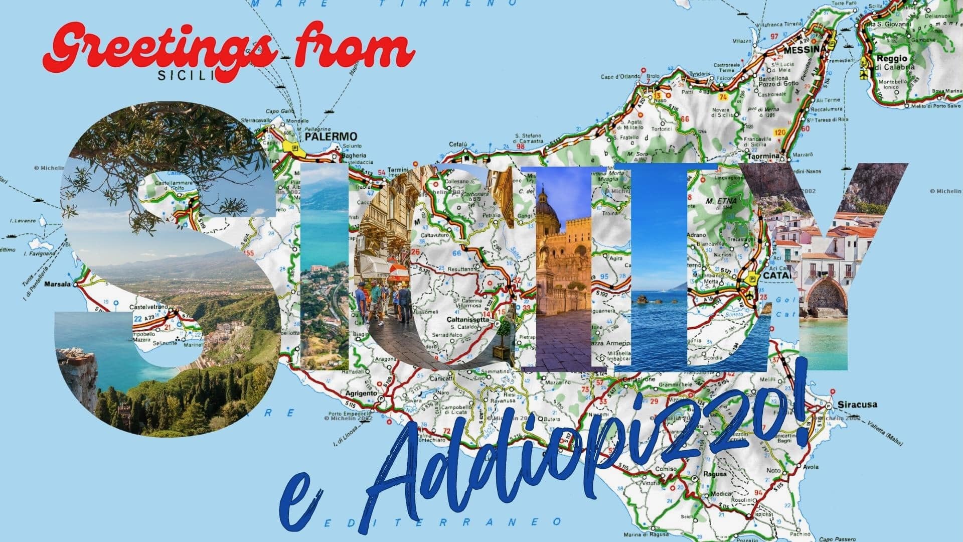 Photo illustration of a postcard of Sicily with the words e Addiopizzo!