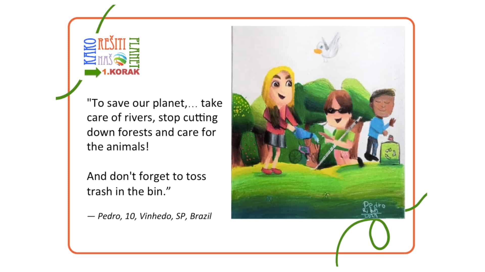 An illustration of people caring for the environment by 10-year-old Pedro of Brazil