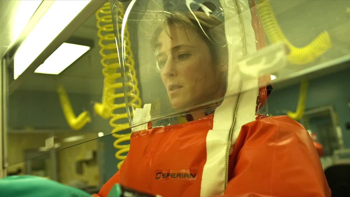 Kate Winslet tries to save the world from a virus in the move Contagion.
