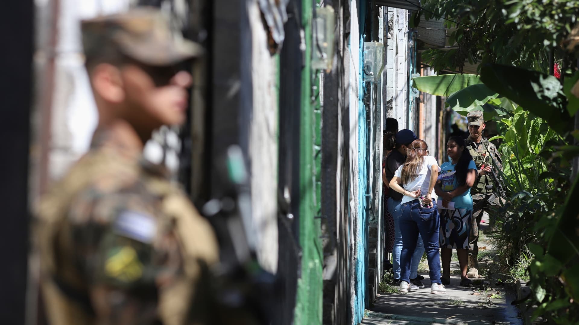 Salvadoran Army soldiers patrol in the La Campanera neighborhood in Soyapango, El Salvador, Friday, Jan. 27, 2023. In March 2022, El Salvador suspended some constitutional rights in reaction to an explosion of violence.