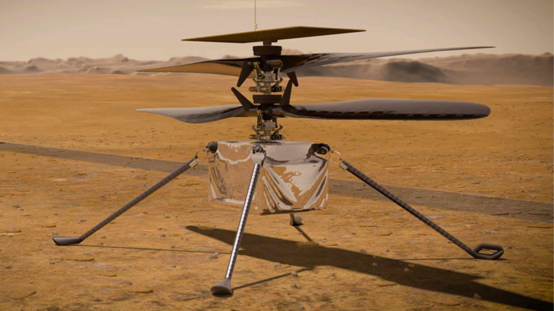 An illustration of NASA's Ingenuity Mars Helicopter stands on the Red Planet's surface as NASA's Perseverance rover (partially visible on the left) rolls away.