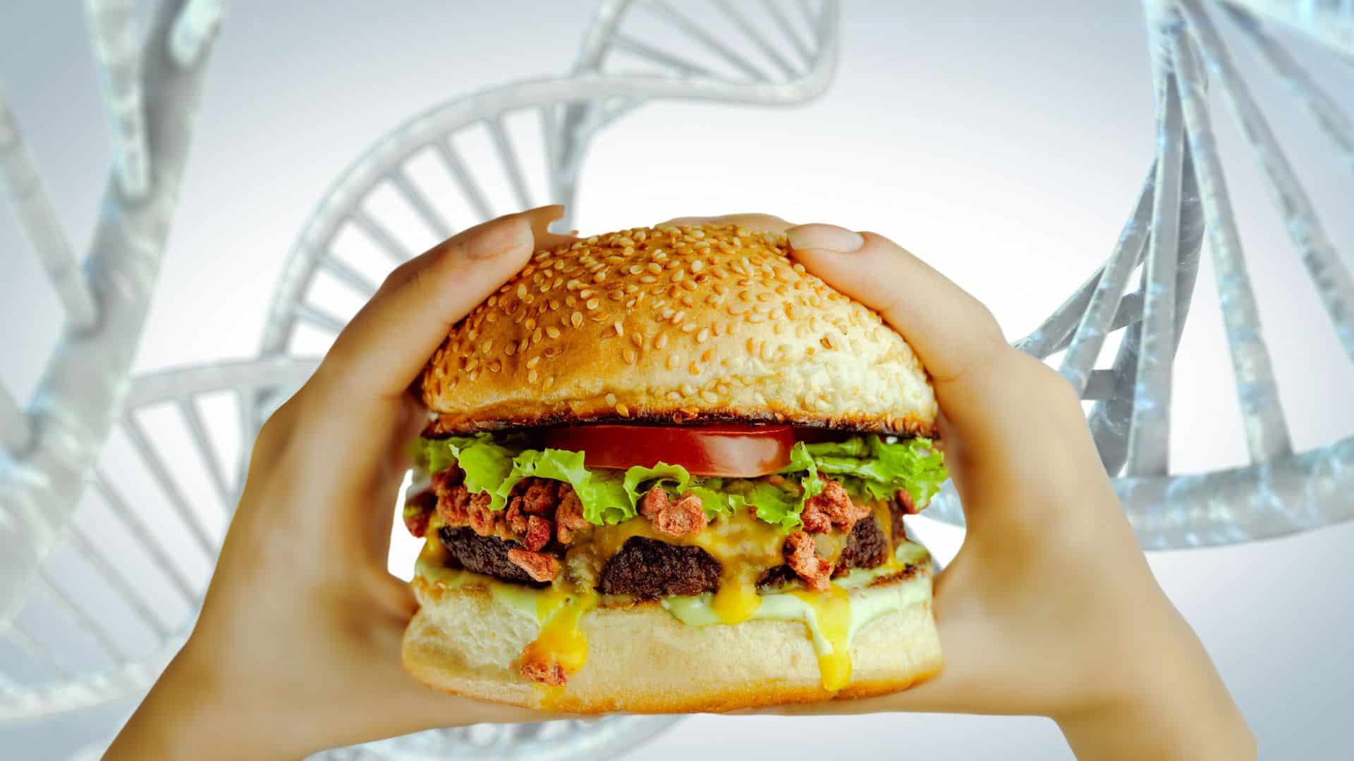 A fast food burger against the backdrop of DNA strands