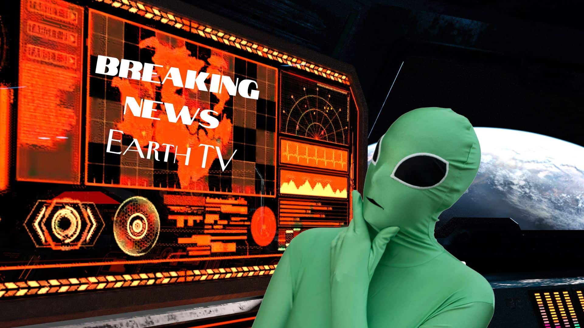 A space creature watches the news from Earth