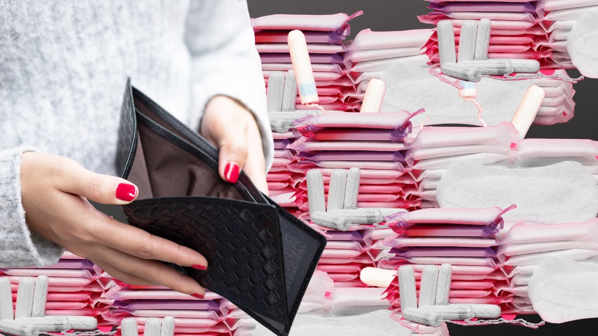 Photo illustration of an empty wallet and menstrual products.