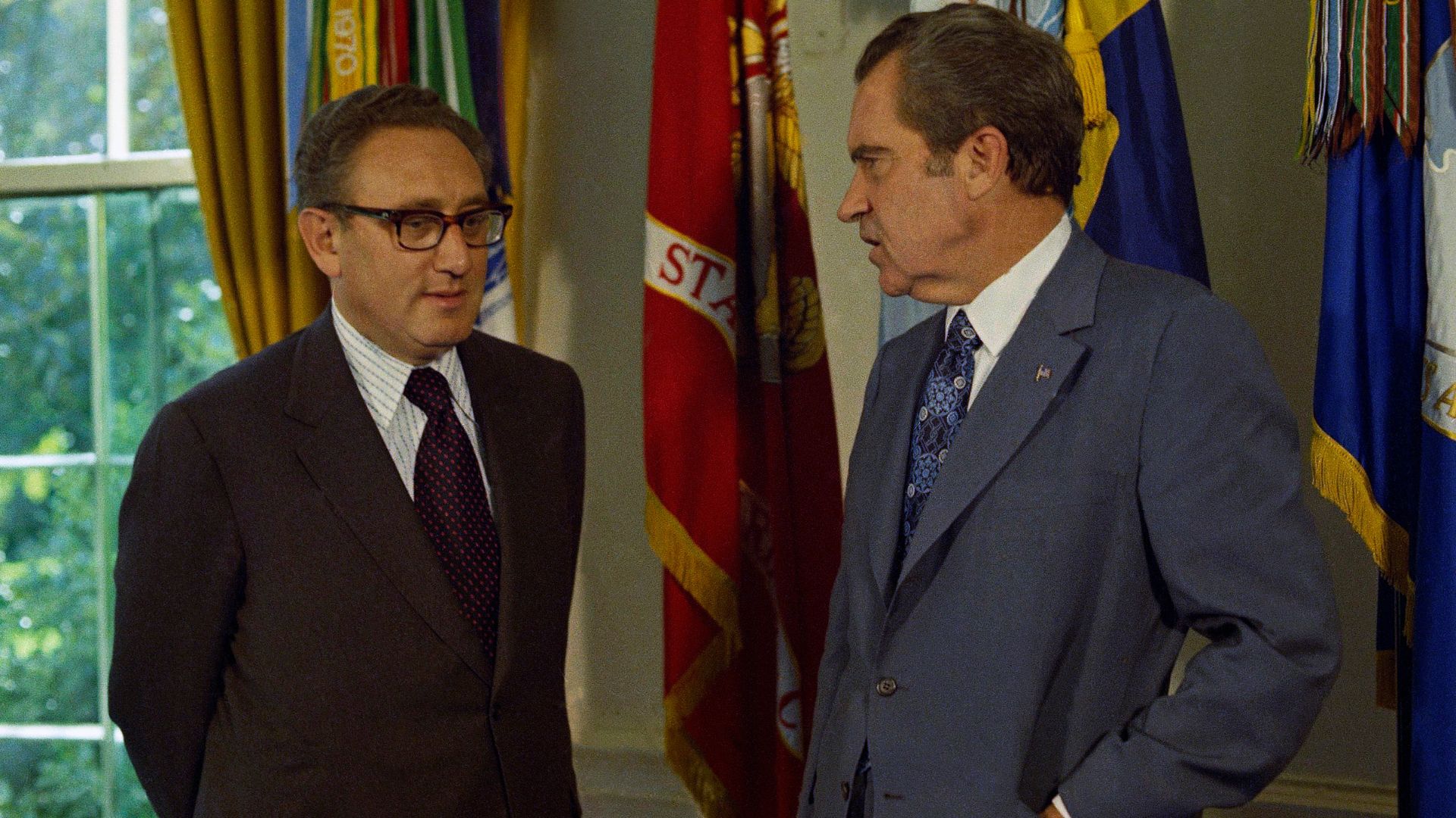 Secretary of State Henry Kissinger being congratulated October 16, 1973 by President Richard Nixon in the Oval office of the White House, following the announcement that Kissinger was a winner of the 1973 Nobel Peace Prize. Kissinger and North Vietnamese diplomat Lo Duc Tho won the prize together for their efforts in ending the vietnam war.