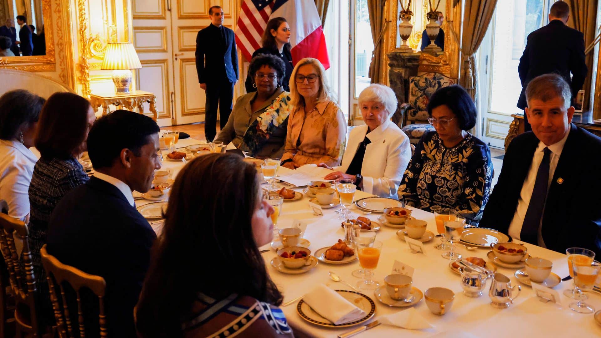 Seated around a table are Prime Minister of Barbados Mia Mottley, Netherlands' Minister of Finance Sigrid Kaag, US Treasury Secretary Janet Yellen and Indonesias Finance Minister Sri Mulyani meet at the U.S embassy, during the New Global Financial Pact Summit.