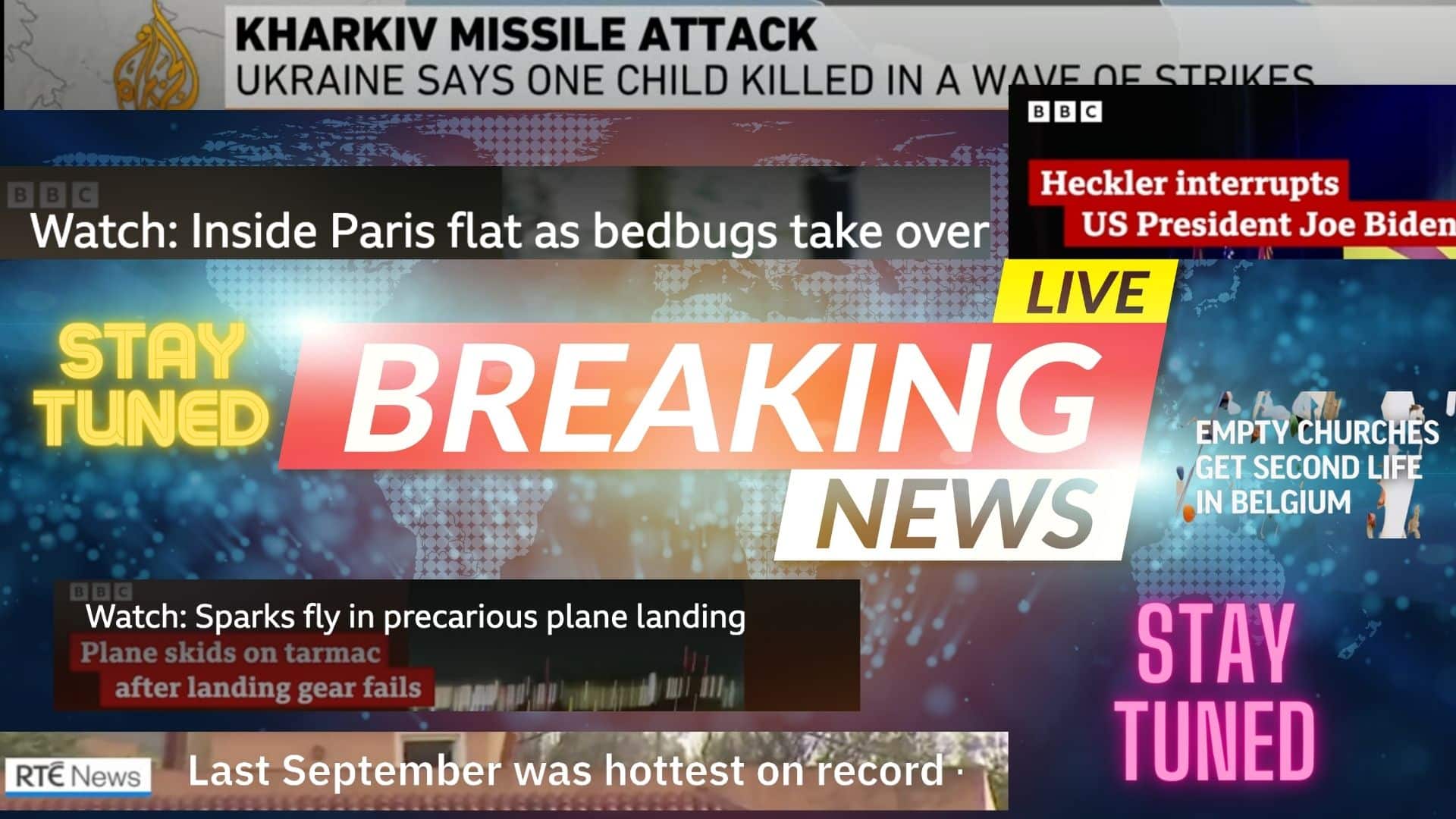 A TV screen fills with the words Breaking News while headlines scroll over. 