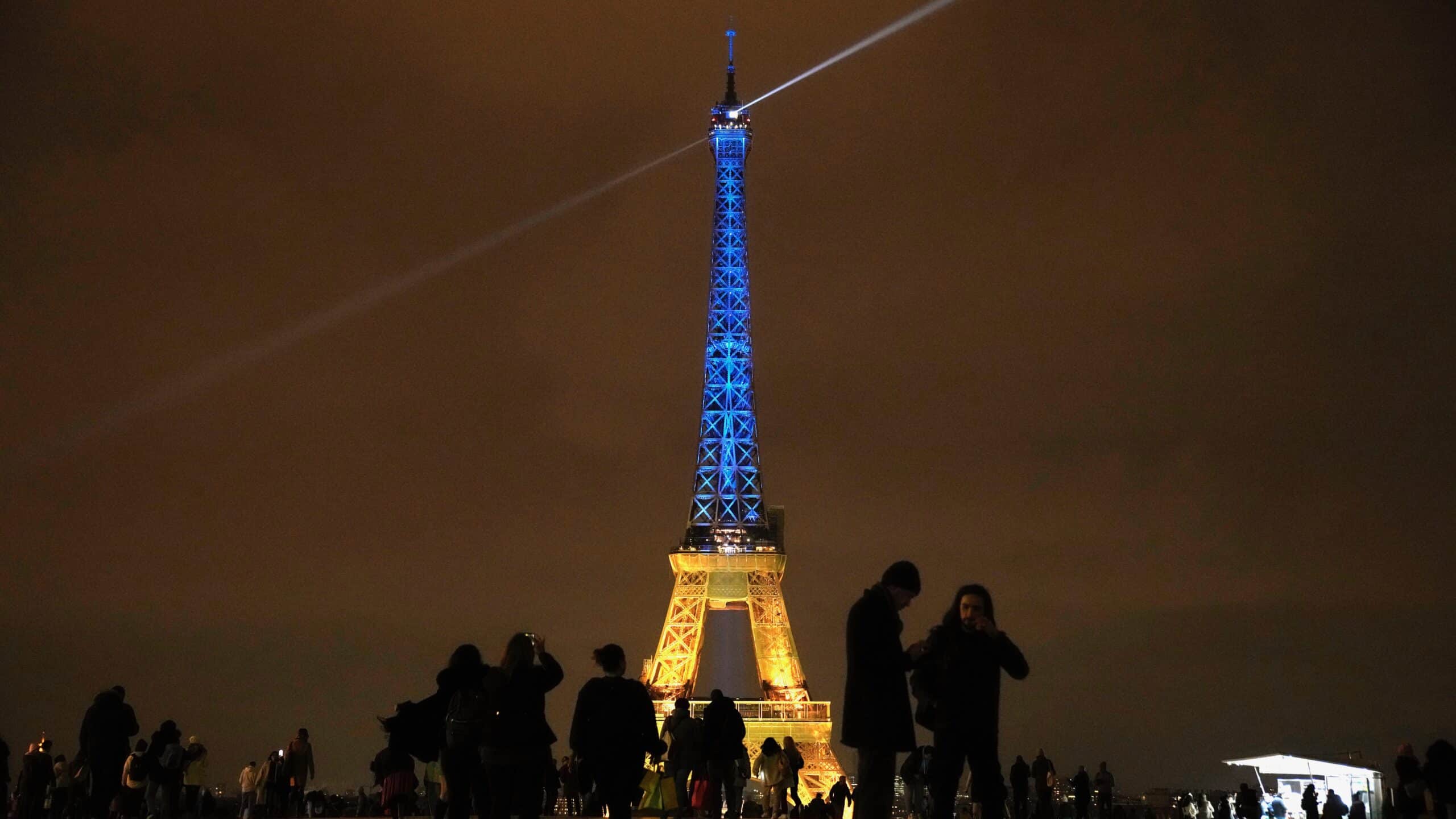 The Eiffel Tower is illuminated with the colors of Ukraine. 