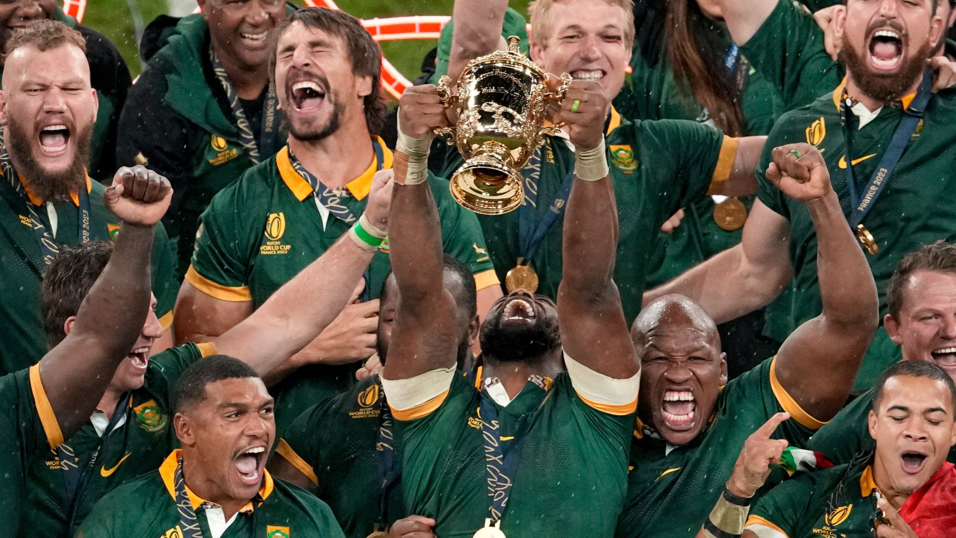 Siya Kolisi lifts the trophy after the Rugby World Cup final match between New Zealand and South Africa in 2023.