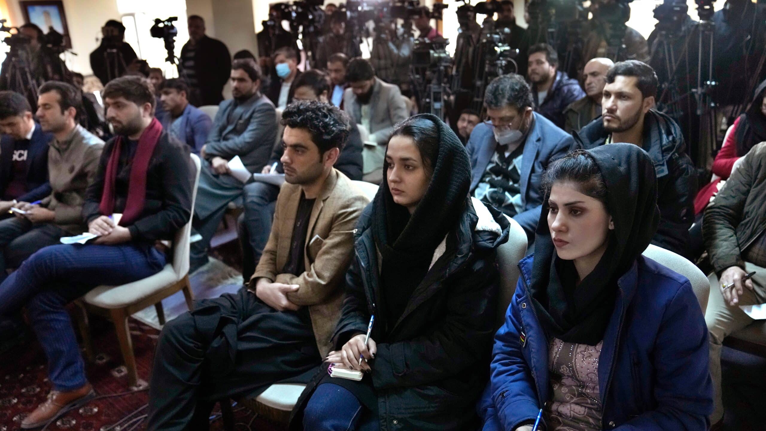 Afghan Journalists attend a press conference of a former president Hamid Karzai in Kabul, Afghanistan