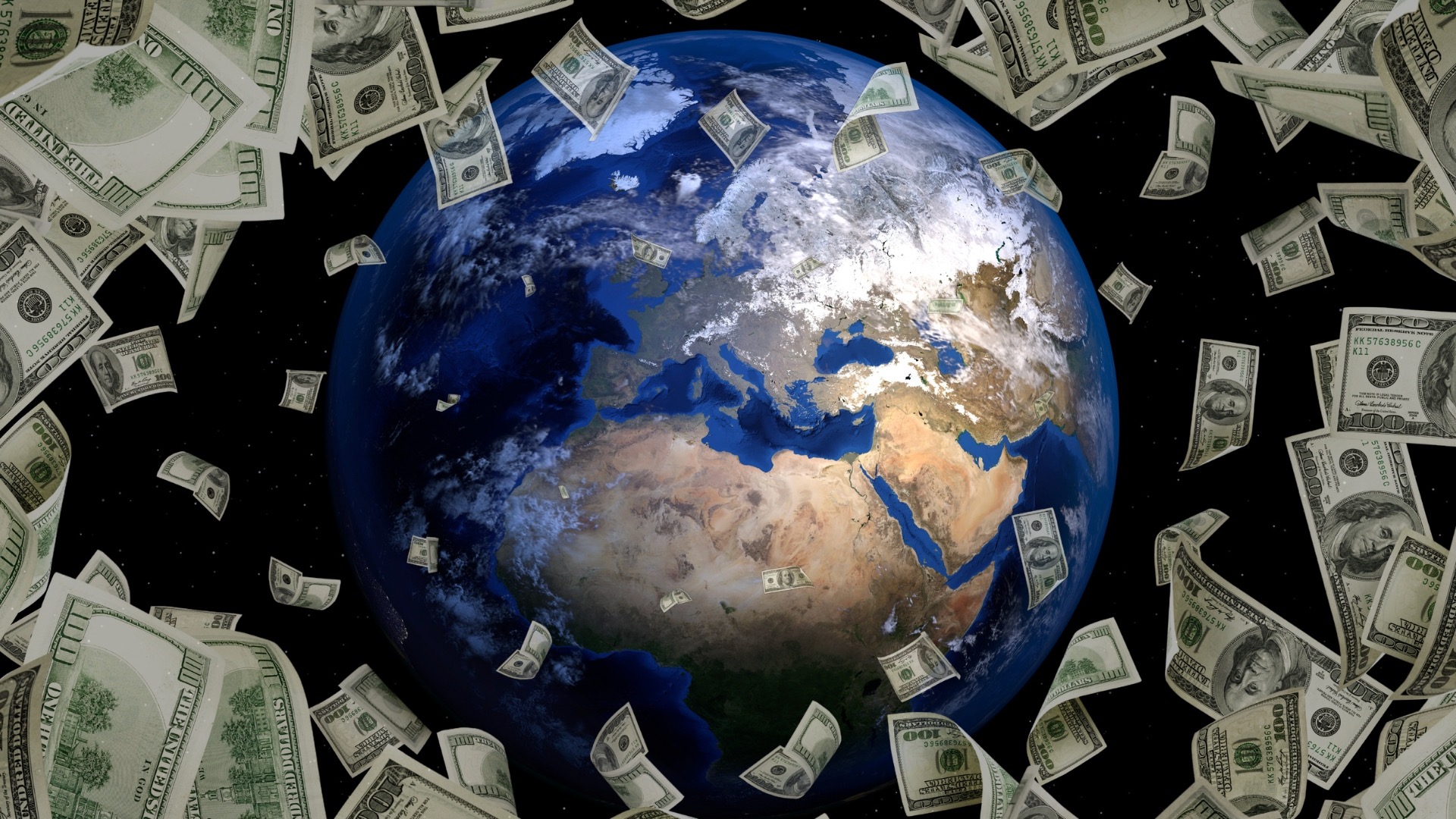 The planet Earth surrounded by money.