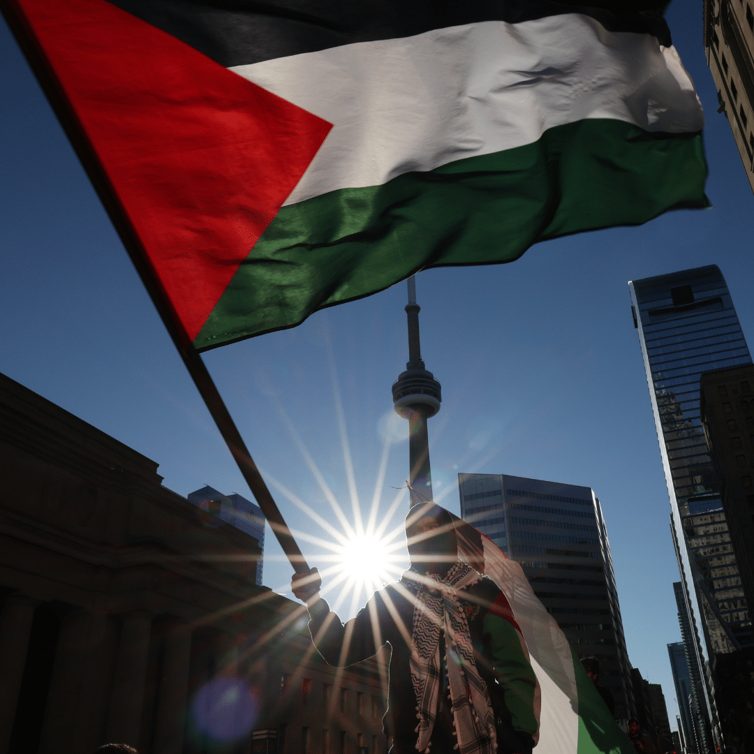  A protestor holding up a Palestinian flag in Toronto, Canada i