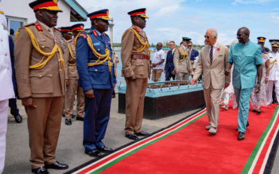 Britain's King Charles III, on carpet left, and Kenya's President William Ruto, on carpet right, attend a military welcome ceremony during Charles' visit at the Mtongwe Naval Base in Mombasa, Kenya