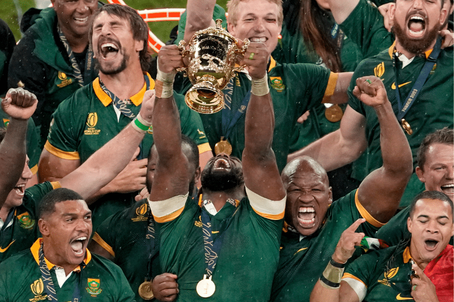 South Africa's Siya Kolisi lifts the trophy after the Rugby World Cup final match between New Zealand and South Africa in 2023.